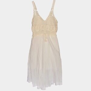 White Crochet Lace Cotton Gauze Boho Midi Dress Smocked Back Sleeveless Festival